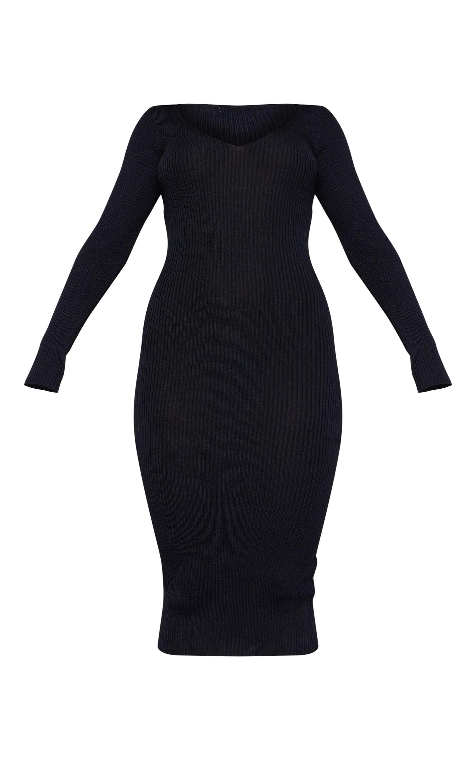 Black V Neck Knit Midi Dress Product Image