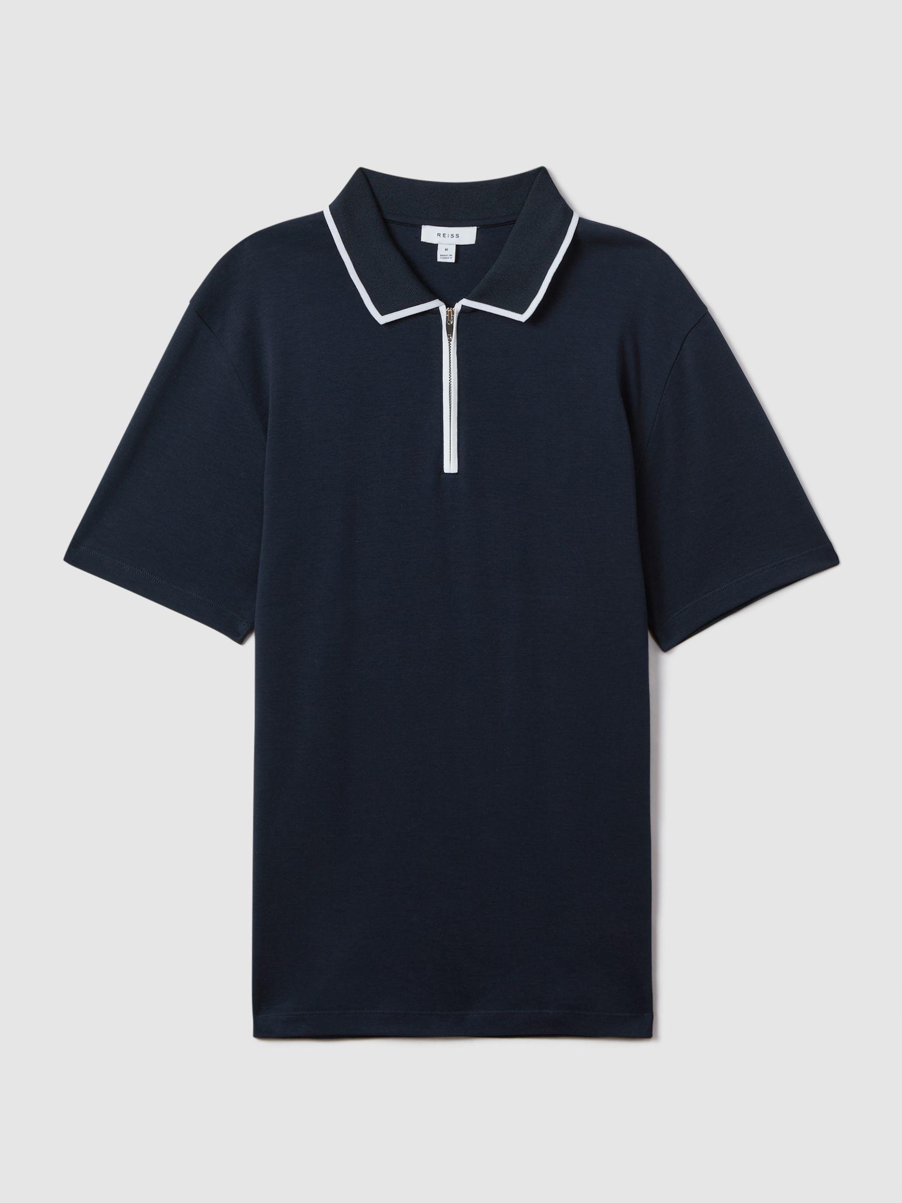 Cotton Contrast Collar Half-Zip Polo Shirt in Navy Product Image