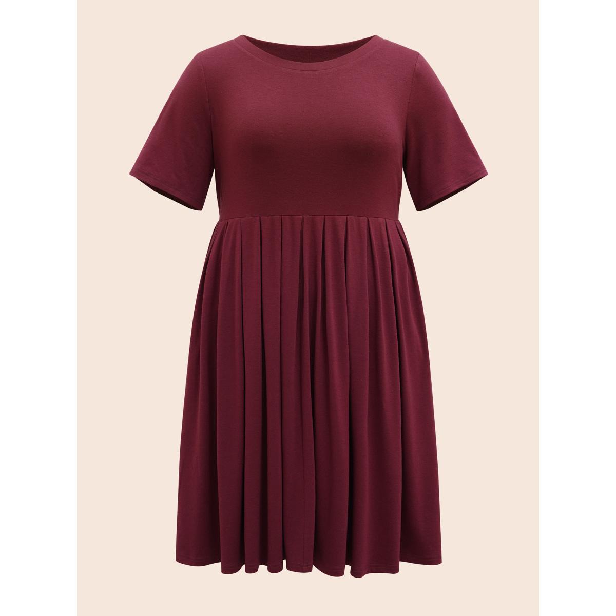 Plus Size Supersoft Essentials Solid Pleated Round Neck Midi Dress Burgundy Women Casual Plain Round Neck Short sleeve Curvy Midi Dress BloomChic 30/6X Product Image