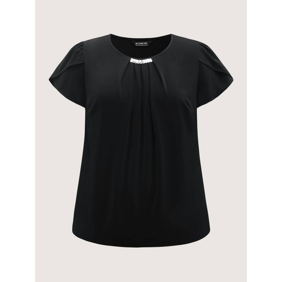 Plus Size Black Metallic Detail Pleated Solid Blouse Women Short sleeve Round Neck Work Blouses BloomChic 12/L Product Image