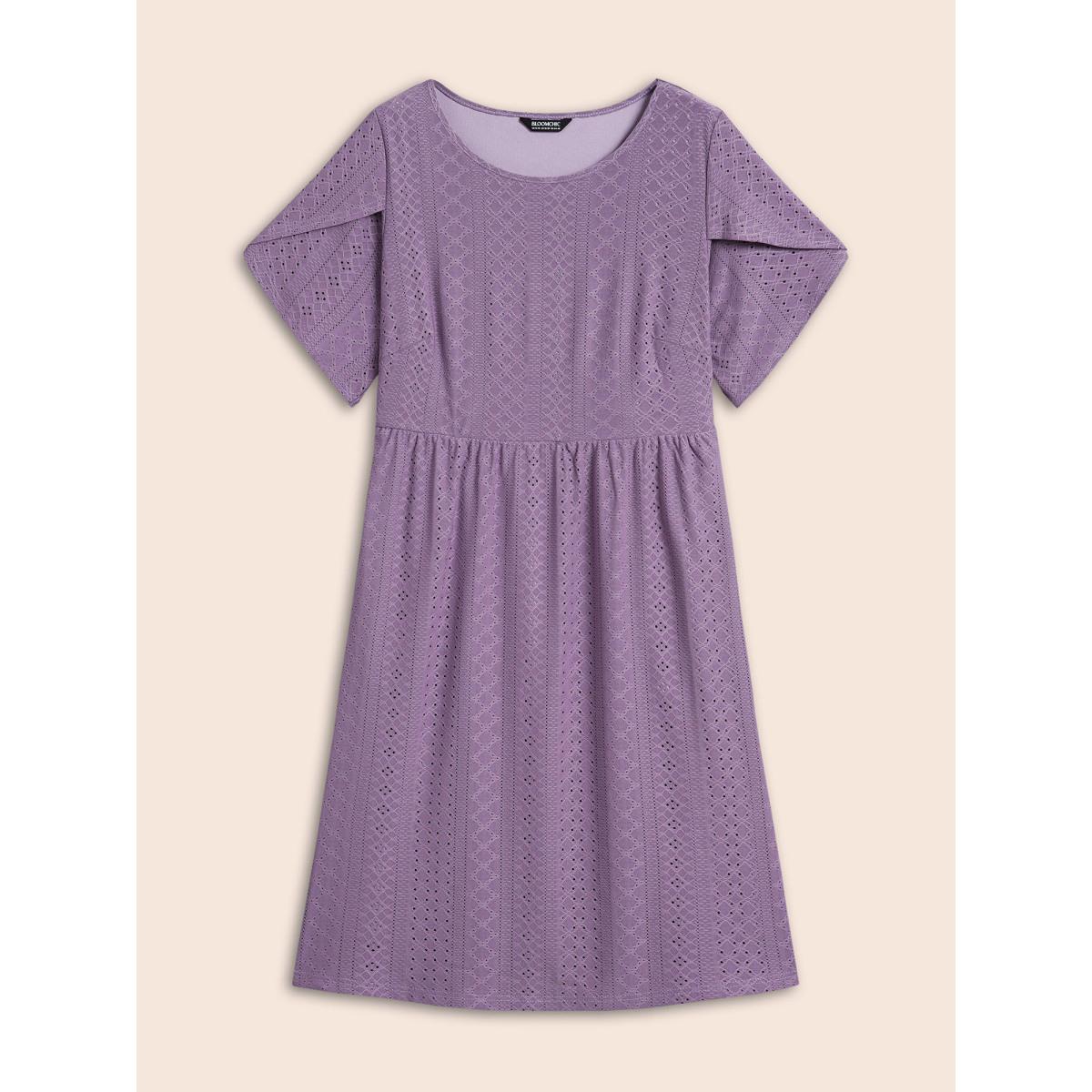 Plus Size Textured Plain Petal Sleeve Pockets Midi Dress Mauve Women Casual Petal edge Round Neck Short sleeve Curvy BloomChic 14-16/1X Product Image