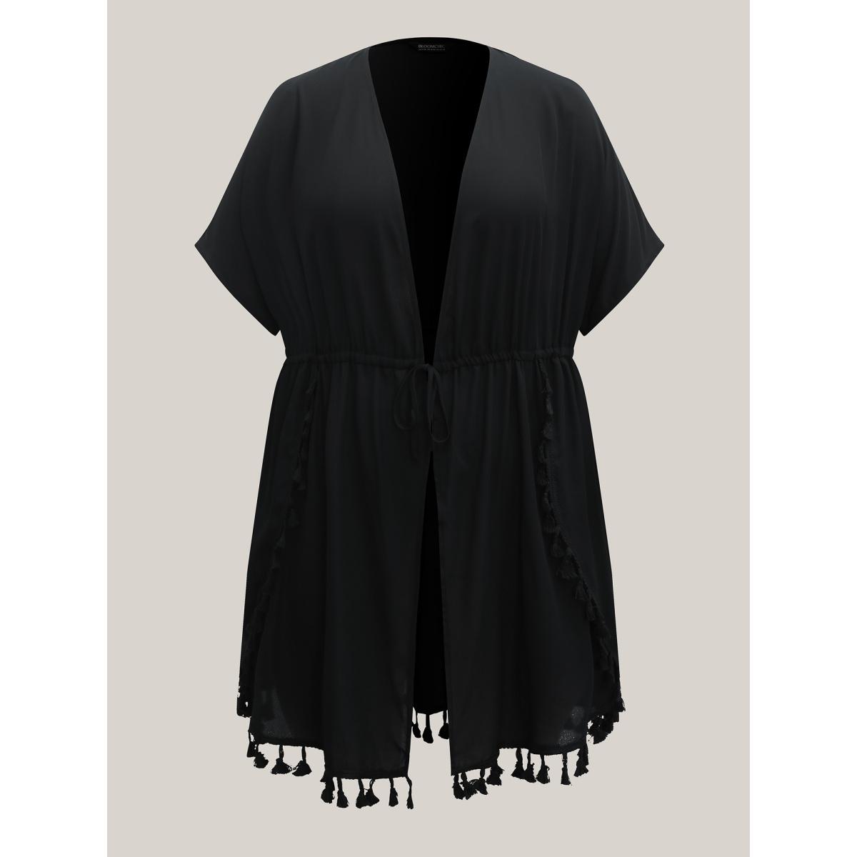 Plus Size Overlap Hem Waist-Tie Sheer Kimono Women Black Overlapping Vacation Kimonos BloomChic 14-16/1X Product Image