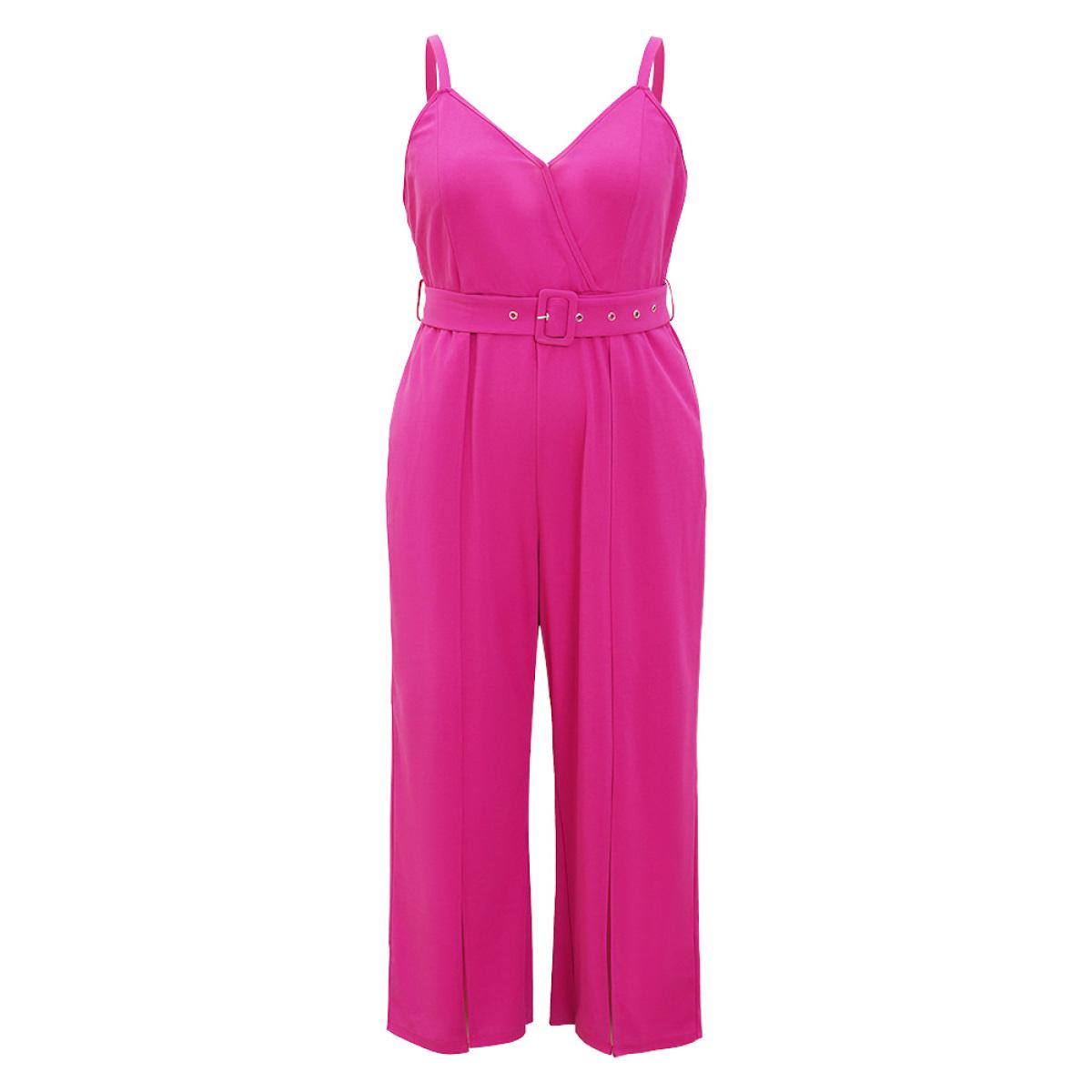 Plus Size Magenta Plain Pocket Wrap Buckle Belt Jumpsuit Women Glamour Sleeveless Spaghetti Strap Going out Loose Jumpsuits BloomChic 26/4X Product Image