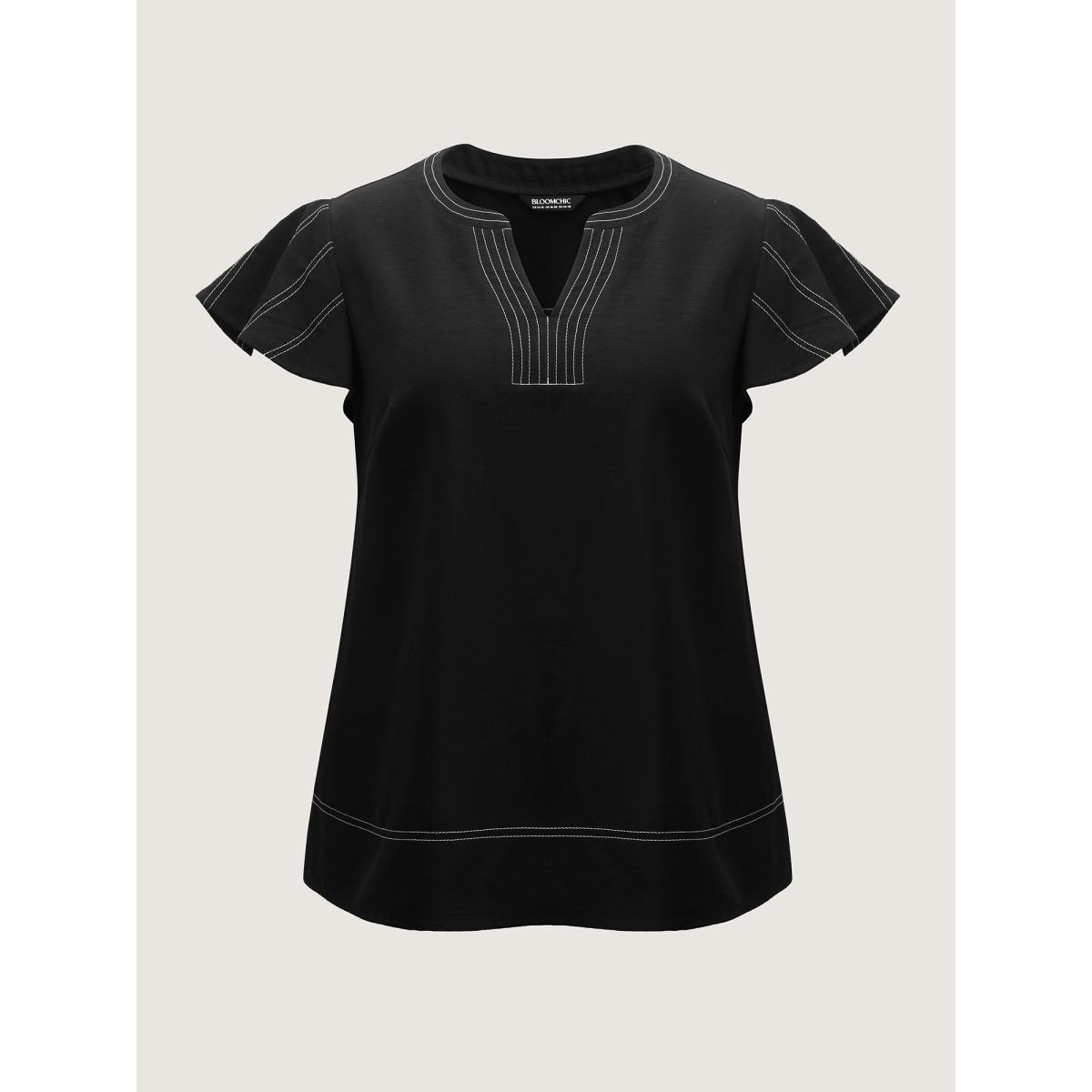 Plus Size Black Color Block Stripe Flutter Sleeve Blouse Women Cap Sleeve Notched collar Work Blouses BloomChic 14-16/1X Product Image