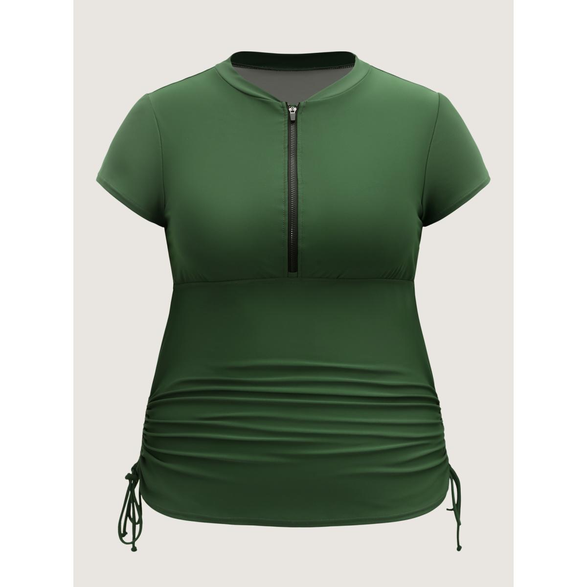 Plus Size Zipper Drawstring Detail Solid Swim Top Women's Swimwear ArmyGreen Beach High stretch Skinny Round Neck Curve Swim Tops BloomChic 18-20/2X Product Image