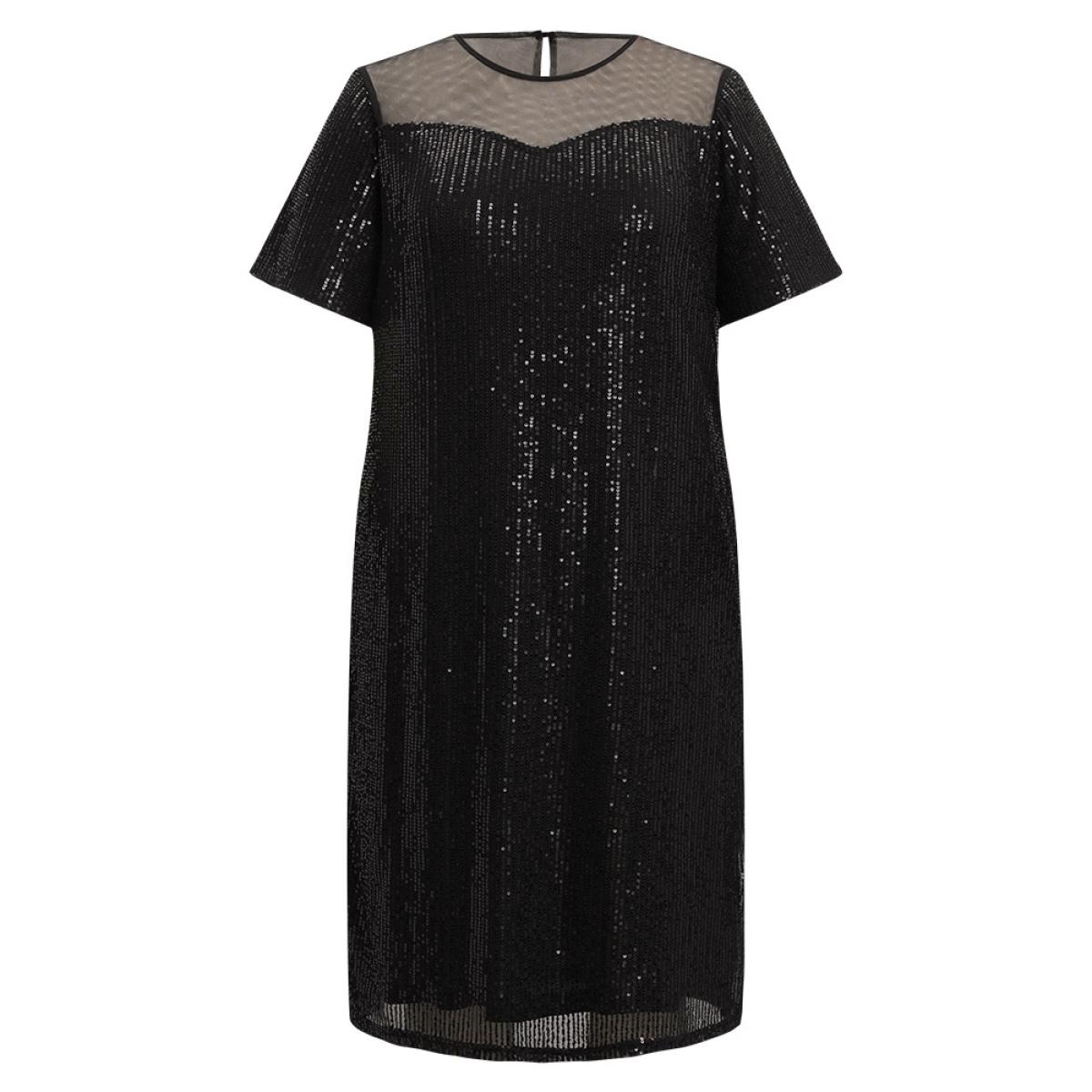 Plus Size Sequin Mesh Insert Crew Neck Pocket Keyhole Midi Dress Black Women Elegant See through Round Neck Short sleeve Curvy Midi Dress BloomChic 30/6X Product Image