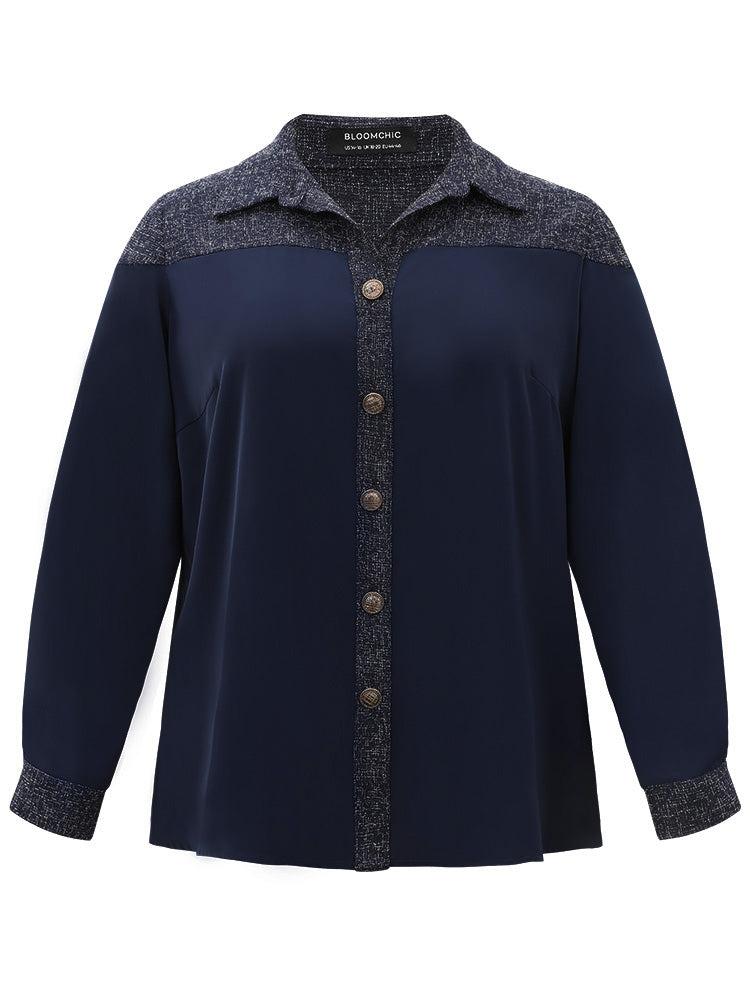 Shirt Collar Patchwork Textured Buckle Up Blouse Female Product Image
