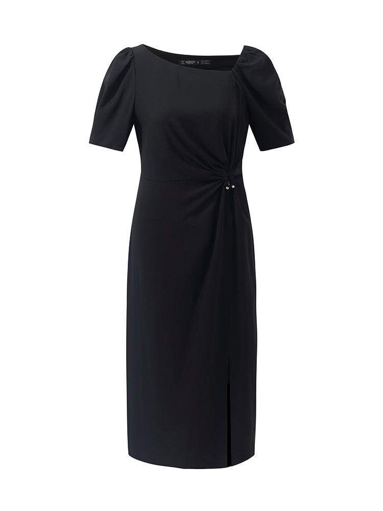 Acetate Asymmetric Neck Slit Twist Waist Women Midi Dress Product Image