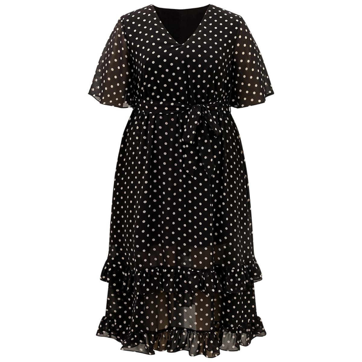 Plus Size Polka Dot Ruffles Pocket V Neck Mesh Belted Dress Black Women Elegant Lined V-neck Short sleeve Curvy Midi Dress BloomChic 12/L Product Image