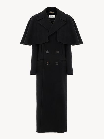 Long coat in double-face wool with cape Product Image