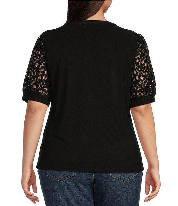 CeCe Plus Size Short Lace Puff Sleeve Crew Neck Blouse Product Image