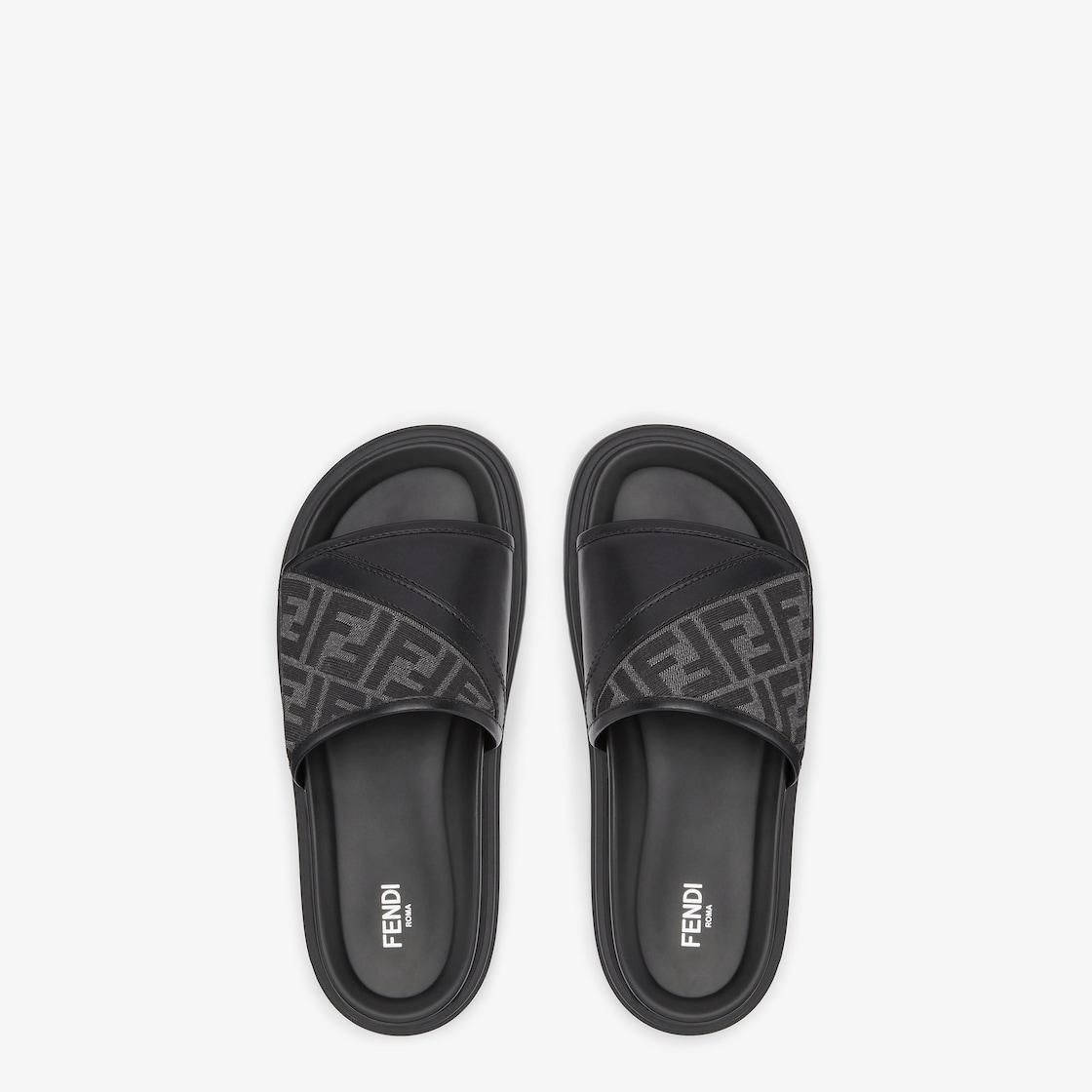 Fendi Diagonal SlidesGray FF jacquard and black leather slides Product Image