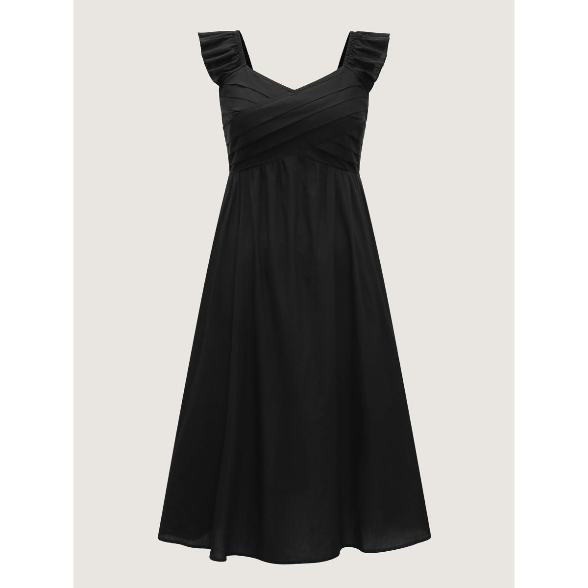 Plus Size Cotton Pleated Overlap Pockets Midi Dress Black Women Romantic Heart neckline Cap Sleeve Curvy BloomChic 10/M Product Image