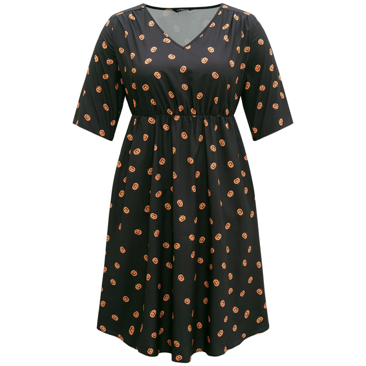Plus Size Halloween Pumpkin Print Pocket Elastic Waist Dress Black Women Elegant Gathered V-neck Half Sleeve Curvy Midi Dress BloomChic 10/M Product Image