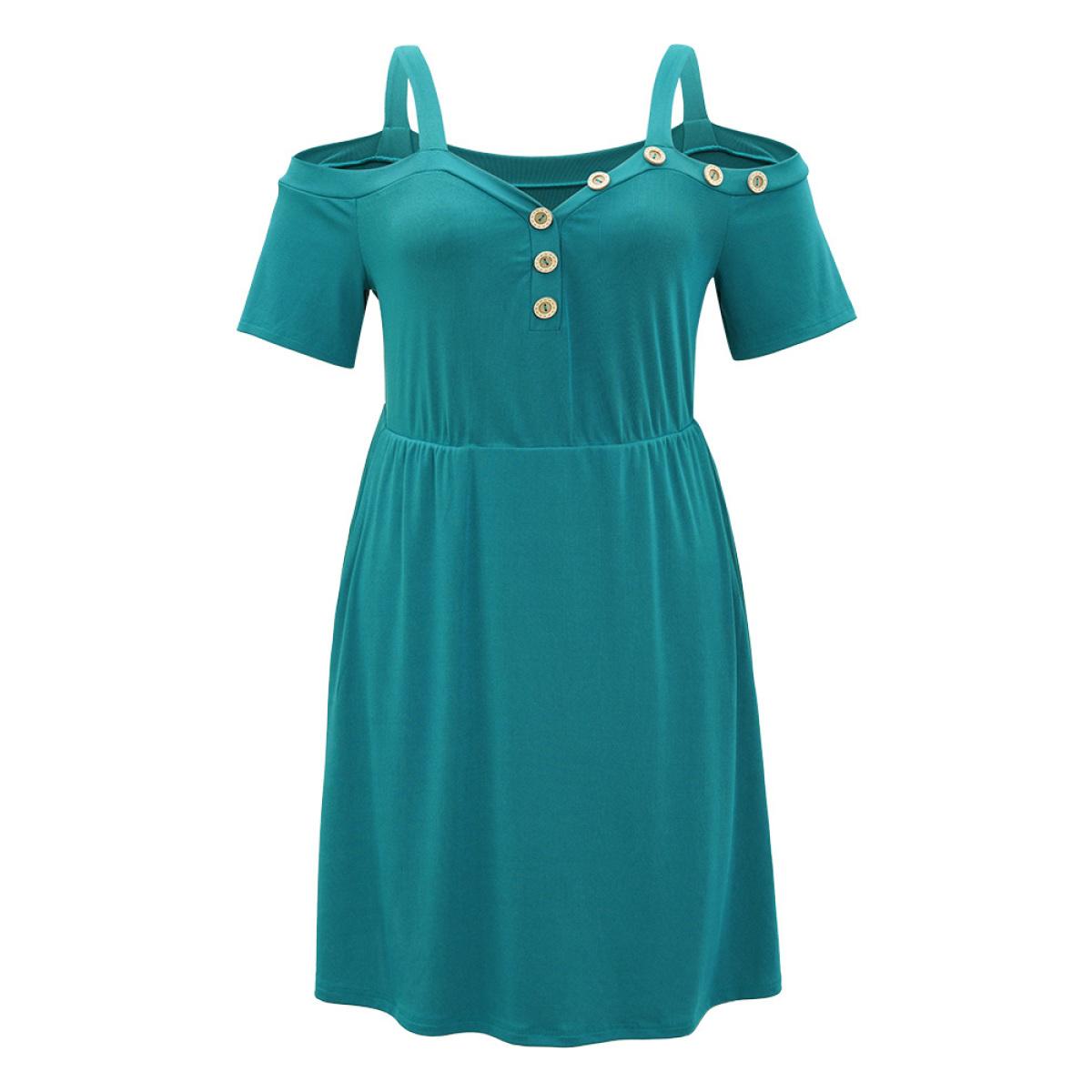 Plus Size Plain Pocket Button Detail Cold Shoulder Cami Dress Teal Women Casual Plain Cold Shoulder Short sleeve Curvy Knee Dress BloomChic 22-24/3X Product Image