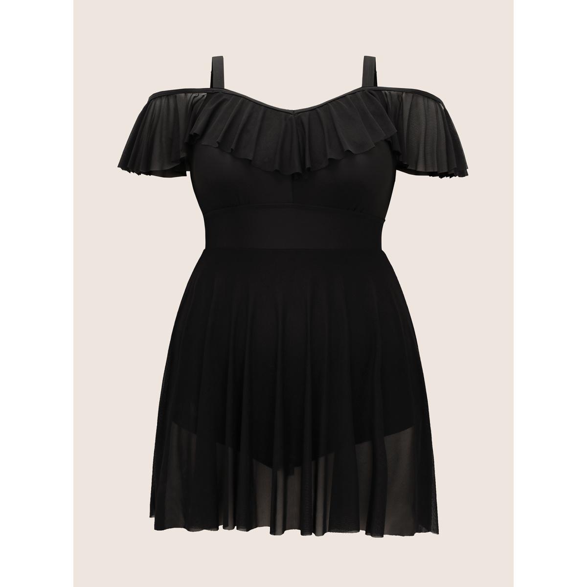Plus Size Solid Ruffle Trim Patchwork Mesh Swim Dress Women's Swimwear Black Beach Bodycon Heart neckline High stretch Curve Swim Dresses BloomChic 26/4X Product Image