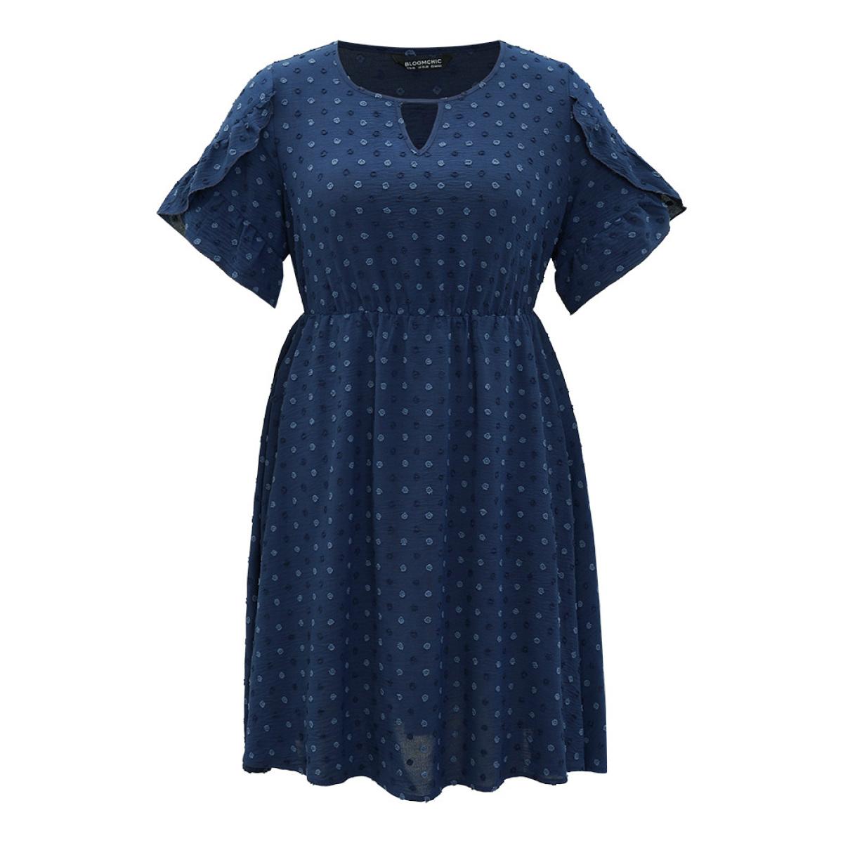 Plus Size Polka Dot Pocket Cut Out Petal Sleeve Dress DarkBlue Women Office Plain Round Neck Short sleeve Curvy Midi Dress BloomChic 12/L Product Image
