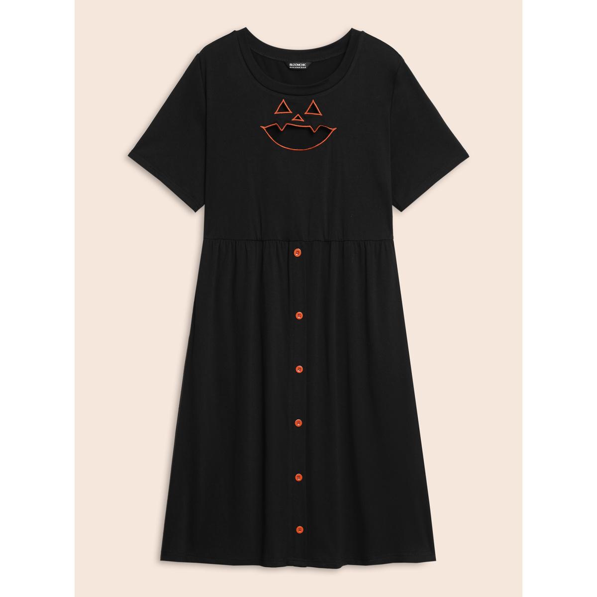 Plus Size Stretch Fabric Pumpkin Cut Out Midi Dress Black Women Playful Button Party Curvy Bloomchic 10/M Product Image