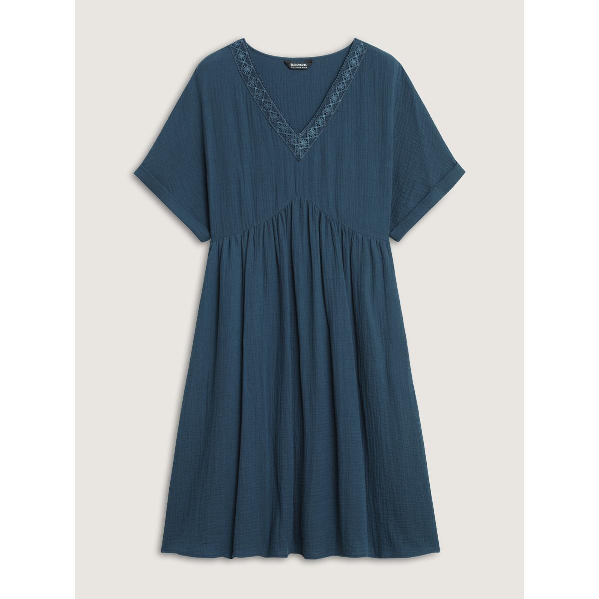 Plus Size Pure Cotton Lace V-Neck Solid Midi Dress Aegean Women Leisure Woven ribbon&lace trim V-neck Short sleeve Curvy BloomChic 14-16/1X Product Image