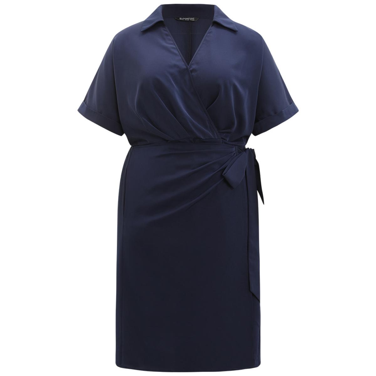 Plus Size Shirt Collar Split Hem Wrap Pocket Knot Gathered Dress DarkBlue Women Elegant Wrap Shirt collar Half Sleeve Curvy Midi Dress BloomChic 10/M Product Image