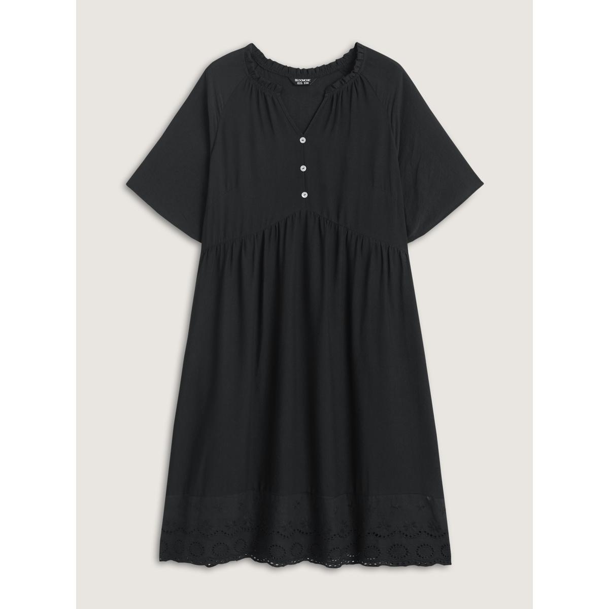 Plus Size Eyelet Hem Ruffled Neck Midi Dress Black Women Notched collar Short sleeve Curvy BloomChic 30/6X Product Image