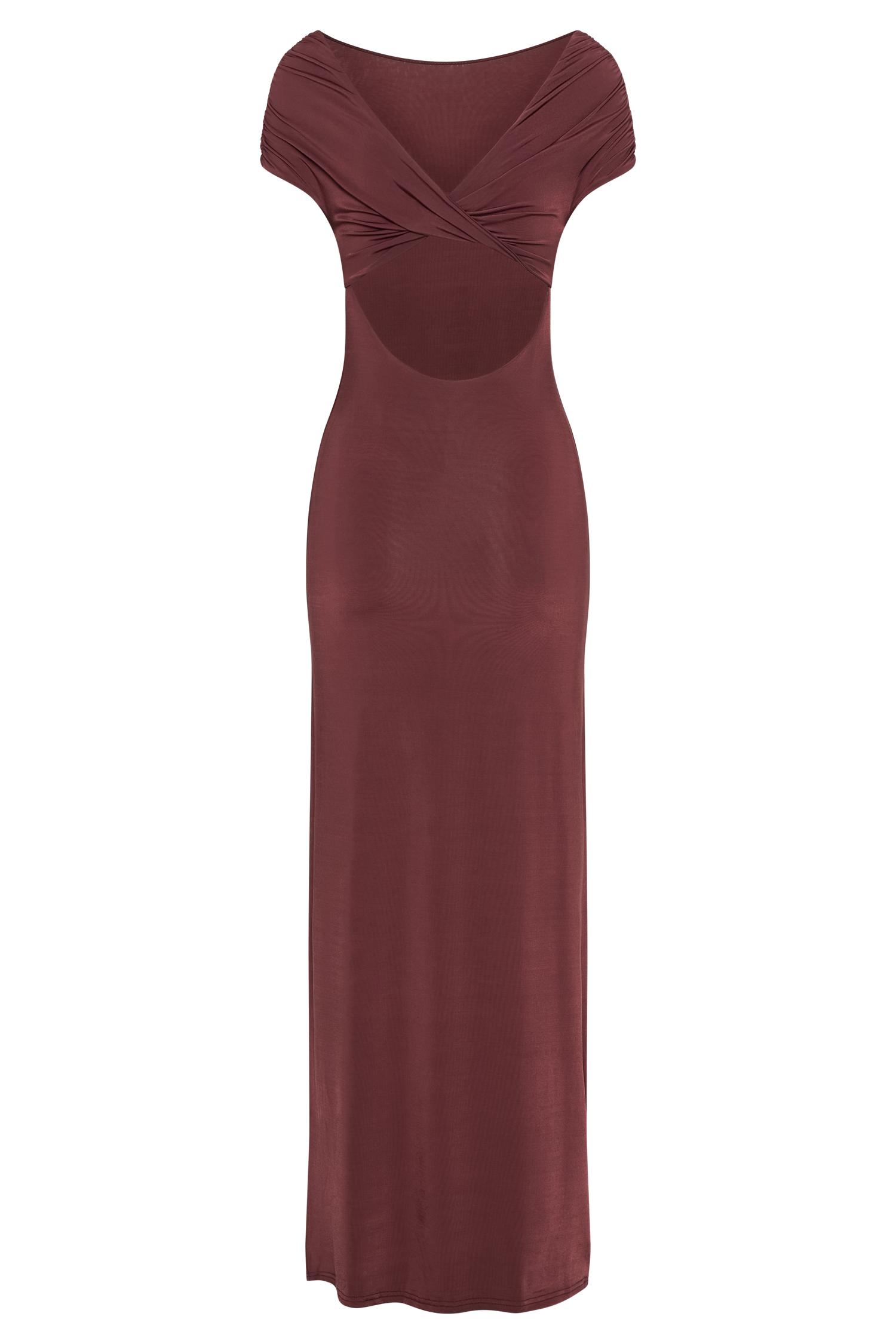 Imogen Off Shoulder Slinky Maxi Dress - Mahogany Product Image