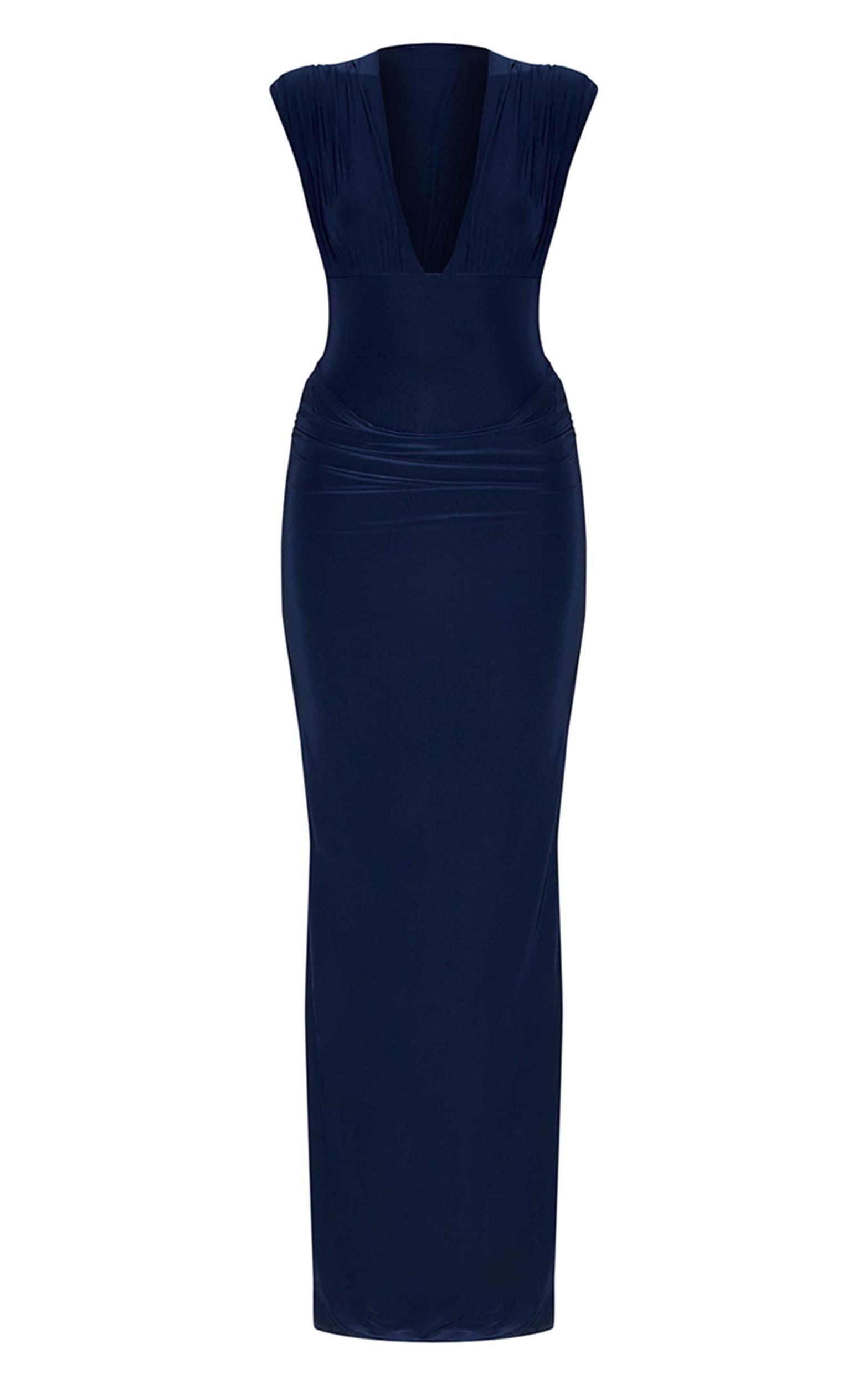 Navy Double Layer Plunge Ruched Shoulder Drape Waist Maxi Dress Product Image