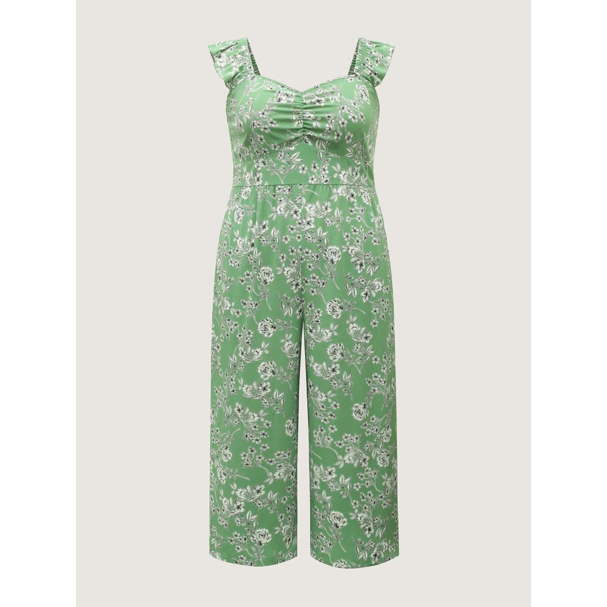 Plus Size Greenbean Floral Print Ruched Flutter Detail Jumpsuit Women Cap Sleeve Heart neckline Vacation Loose Jumpsuits BloomChic 26/4X Product Image