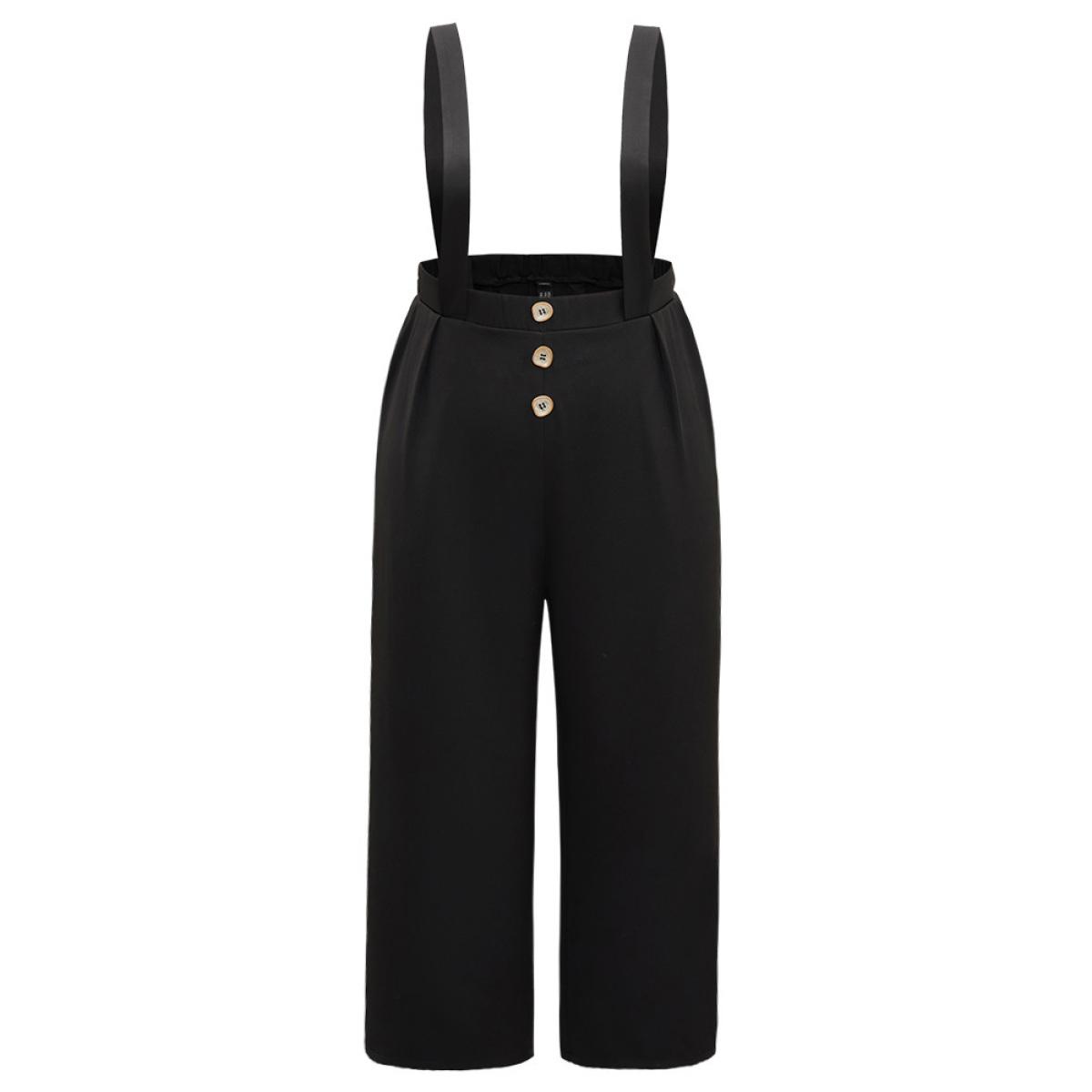 Plus Size Plain Button Detail Pocket Overall Pants Women Black Office Straight Leg High Rise Work Pants BloomChic 10/M Product Image