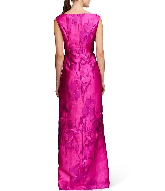 Kay Unger V-Neck Abstract Floral Mikado Pleated Waist Front Slit Column Gown Product Image
