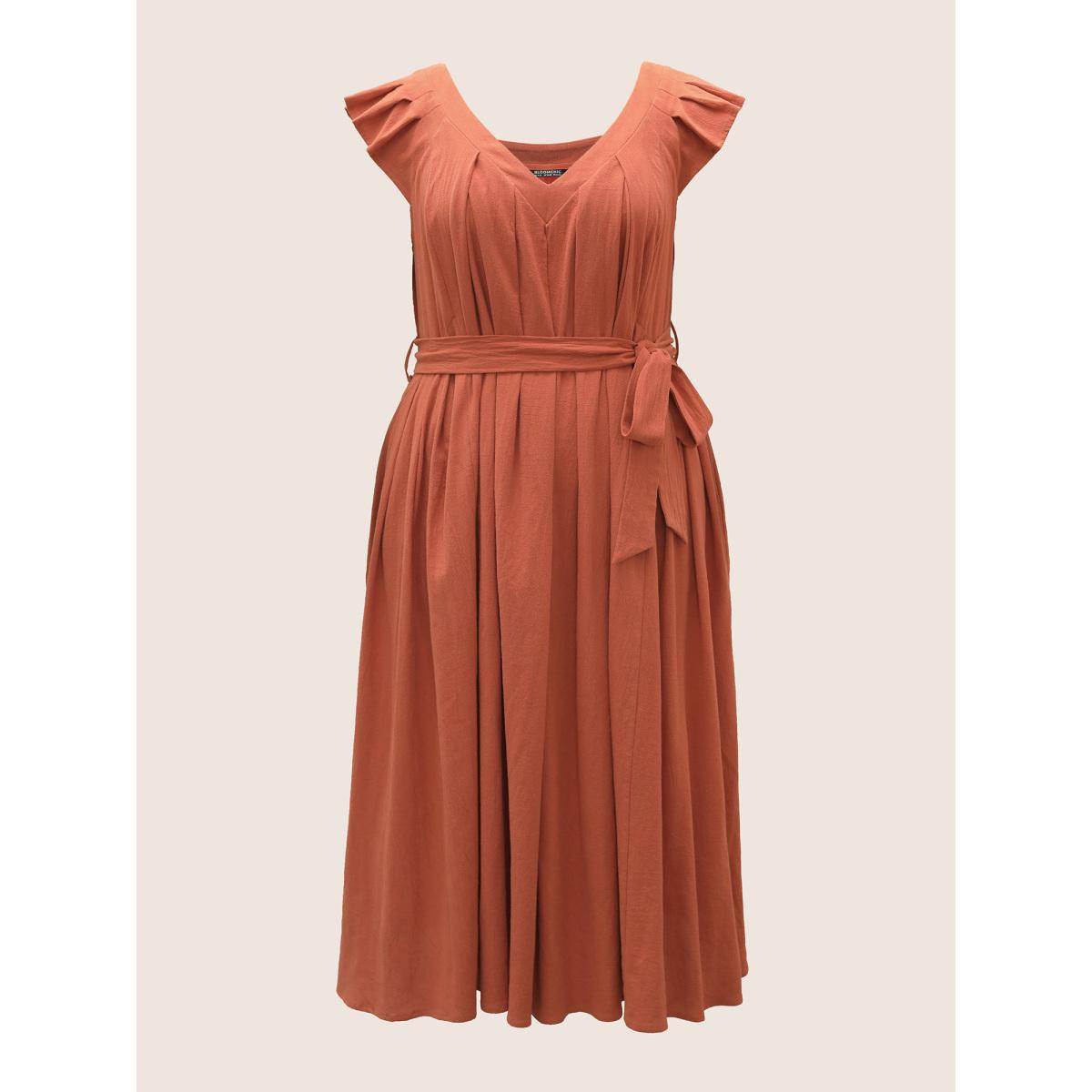 Plus Size Solid Flounce Sleeve Plicated Detail A Line Dress Rust Women Resort Non V-neck Cap Sleeve Curvy BloomChic 26/4X Product Image