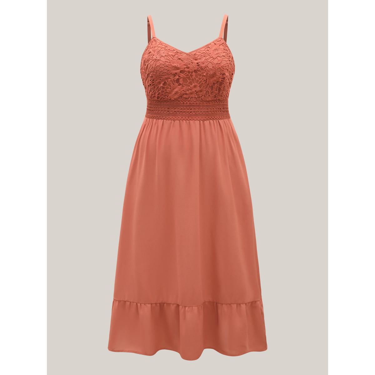 Plus Size Lace Patchwork Stretchy Waist Midi Dress Coral Women V-neck Sleeveless Curvy BloomChic 28/5X Product Image