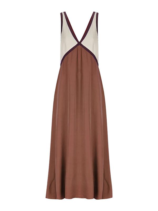 Loose Sleeveless Contrast Color Split-Joint Deep V-Neck Maxi Dresses Product Image