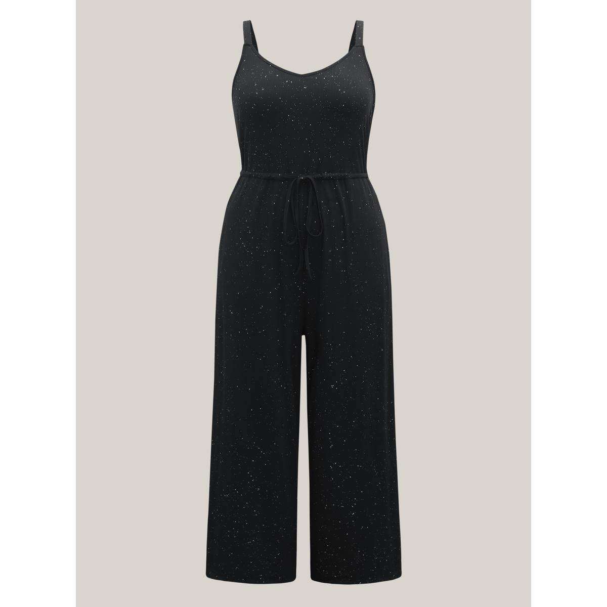 Plus Size Black Sequins Waist-Tie Wide-Leg Jumpsuit Women Sleeveless V-neck Everyday-Casual Loose Jumpsuits BloomChic 18-20/2X Product Image