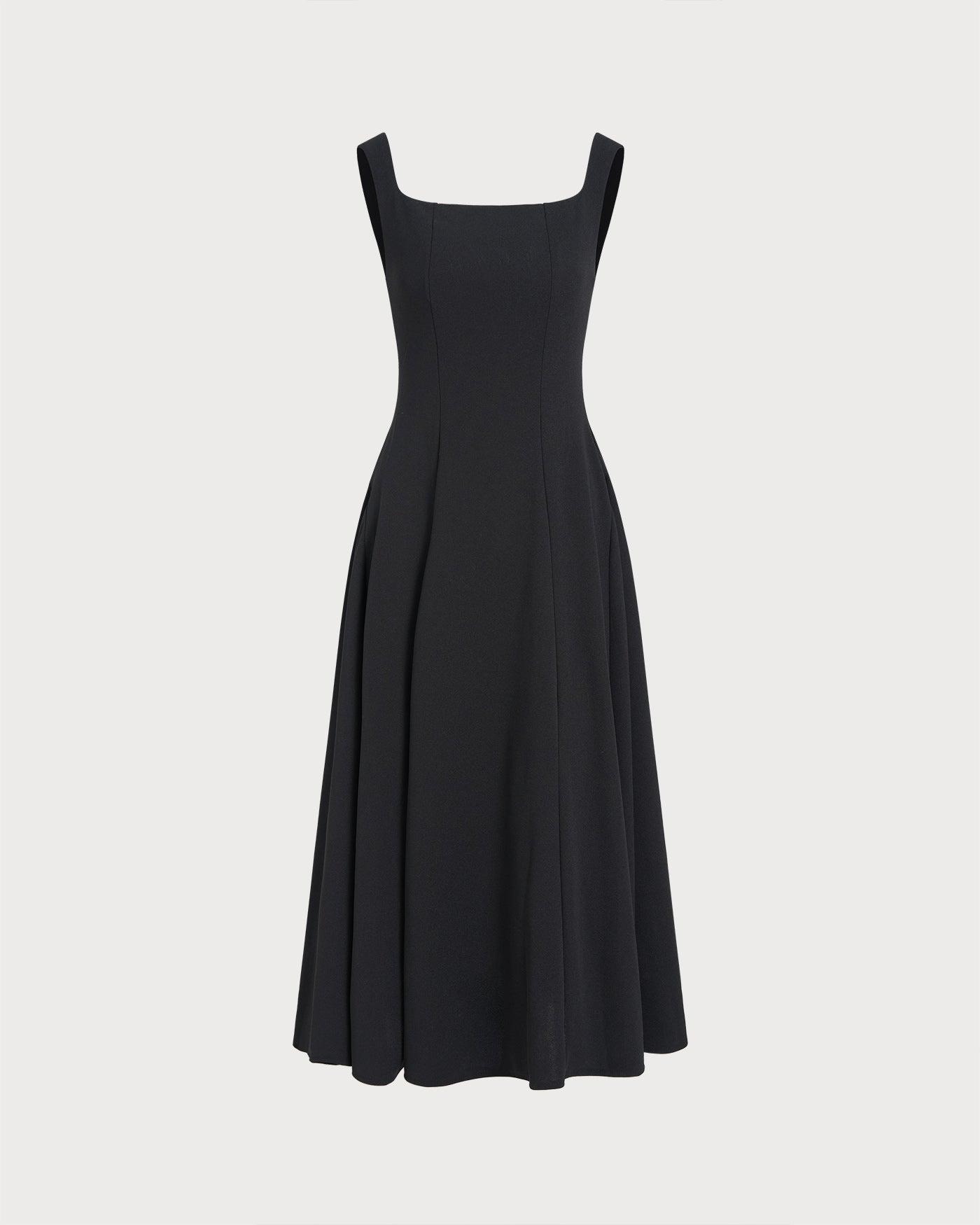 Black Solid Zipper Slip Midi Dress Product Image