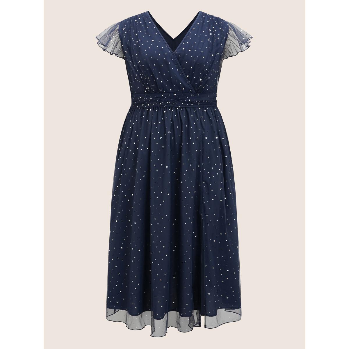 Plus Size Sequin Mesh V Neck Ruffle Cap Sleeve Dress Indigo Women Formal Texture V-neck Cap Sleeve Curvy BloomChic 18-20/2X Product Image