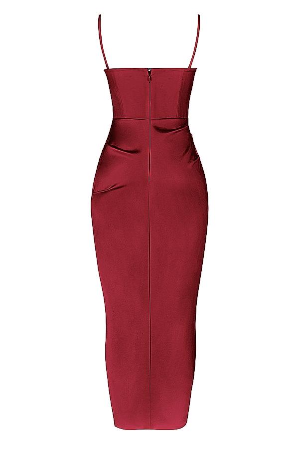 Flora  wine satin pleated corset midi dress Product Image