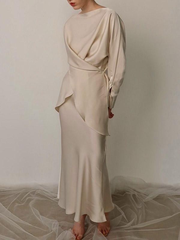 Loose Solid Color Split-Joint Boat Neck Long Sleeves Blouse & Shirt + Skirt Two Pieces Set Product Image