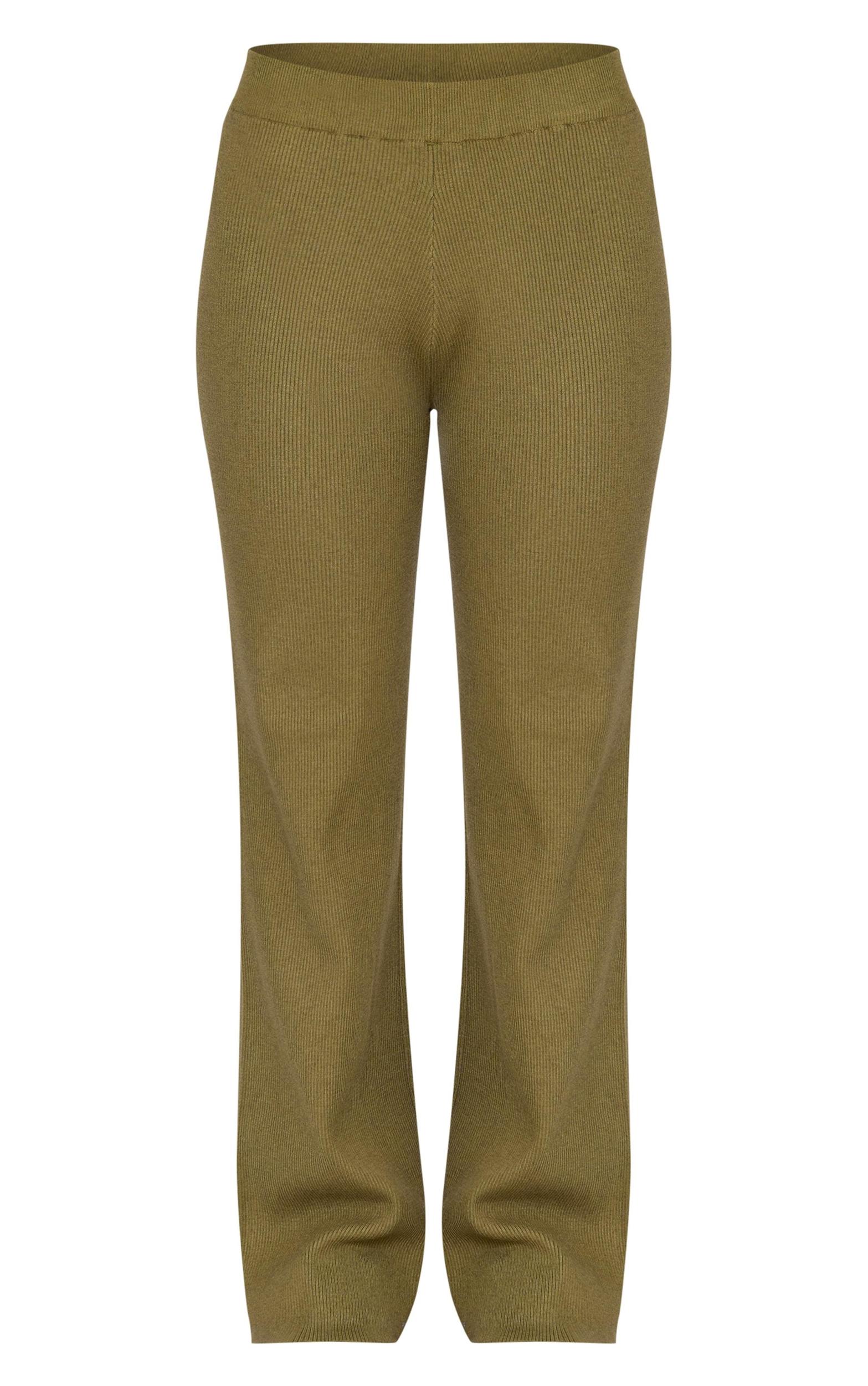 Khaki Light Rib Knit Wide Leg Pants Product Image