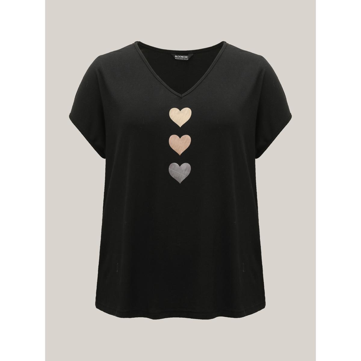 Plus Size Heart Print Stretchy Dolman Sleeve T-Shirt Black Women Leisure Non V-neck Casual T-shirts BloomChic 14-16/1X Product Image