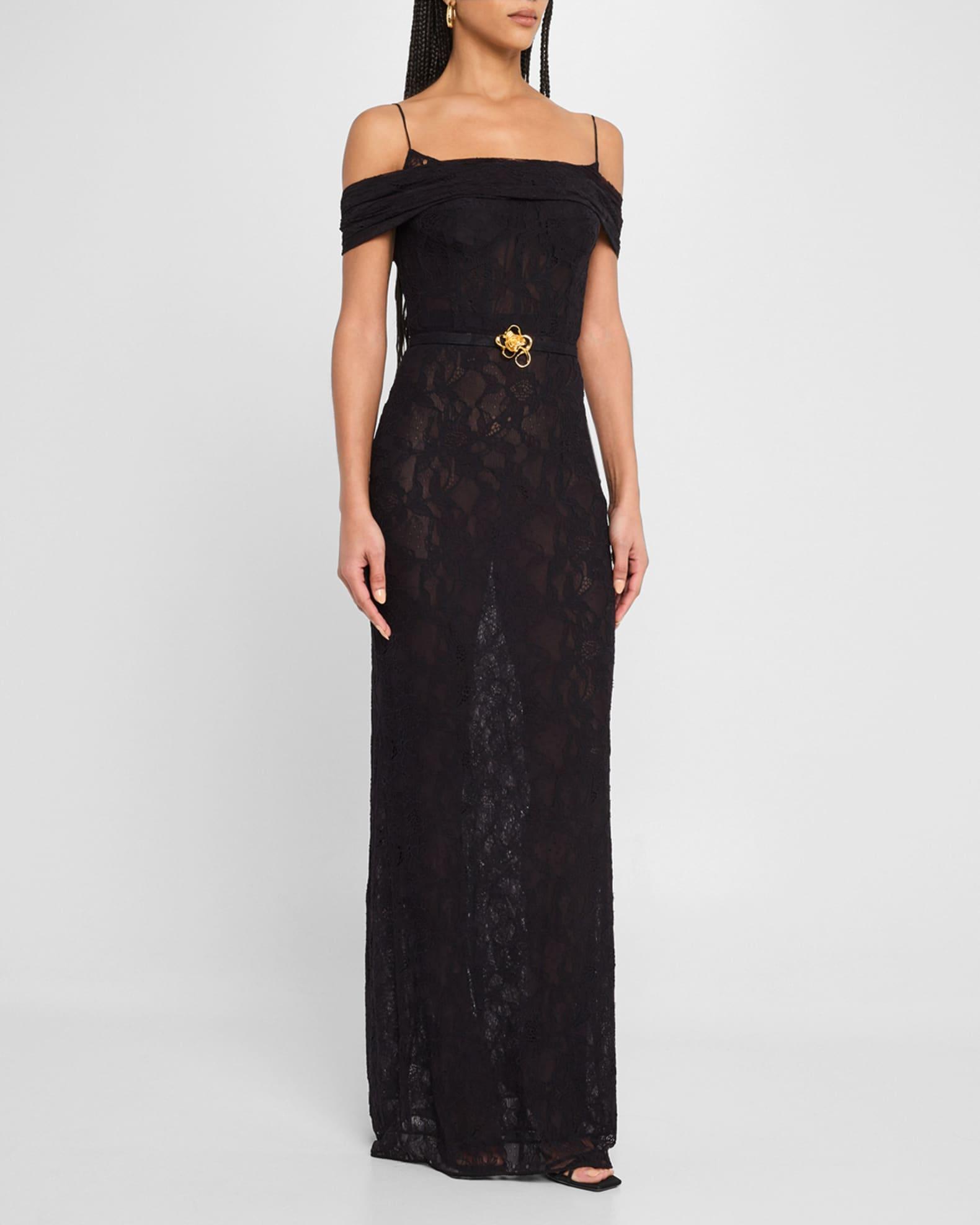 Lace Cold-Shoulder Belted Column Gown Product Image