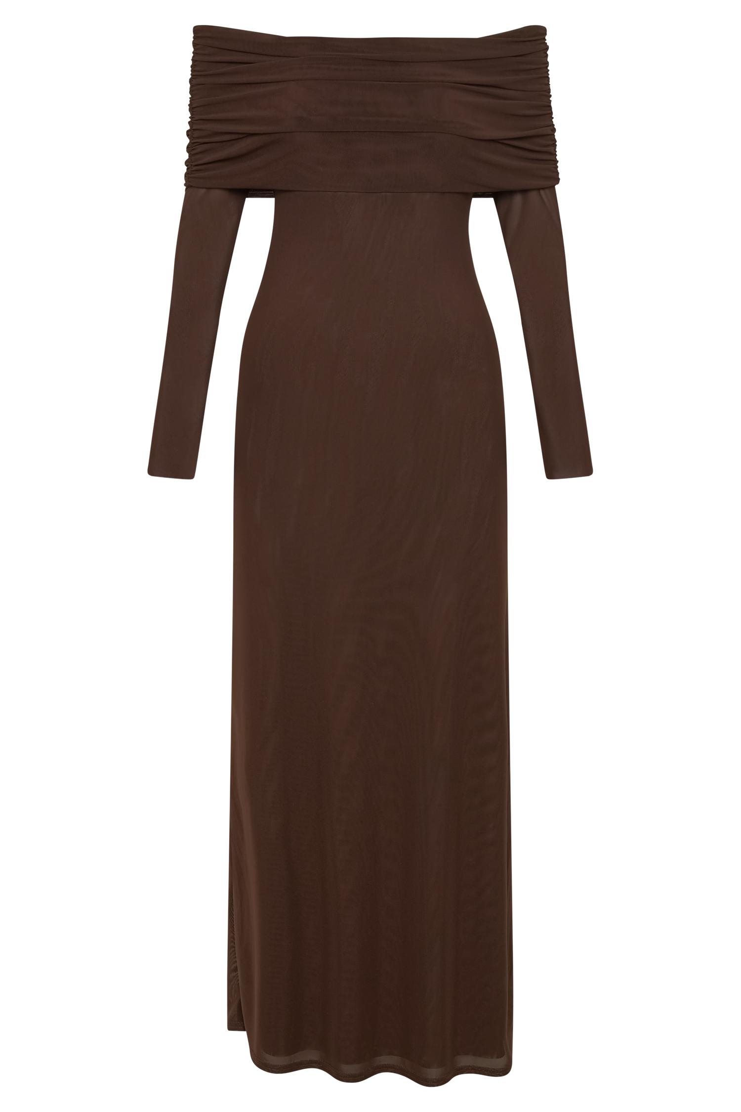 Josie Off Shoulder Mesh Maxi Dress - Dark Brown Product Image