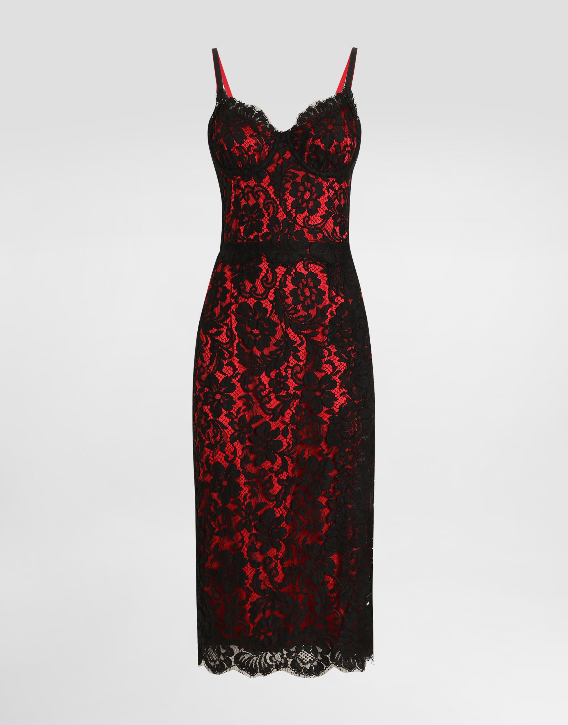 DOLCE & GABBANA Lace Midi Slip Dress In Black/red Product Image