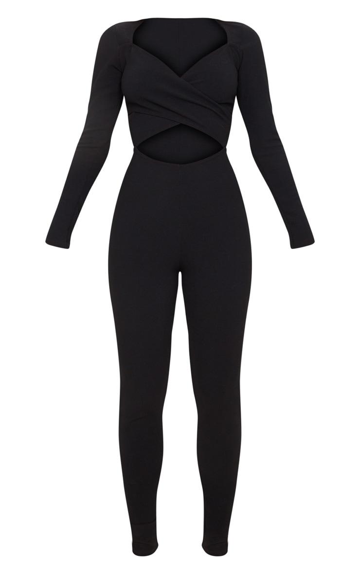 Black Rib Cross Over Long Sleeved Jumpsuit Product Image