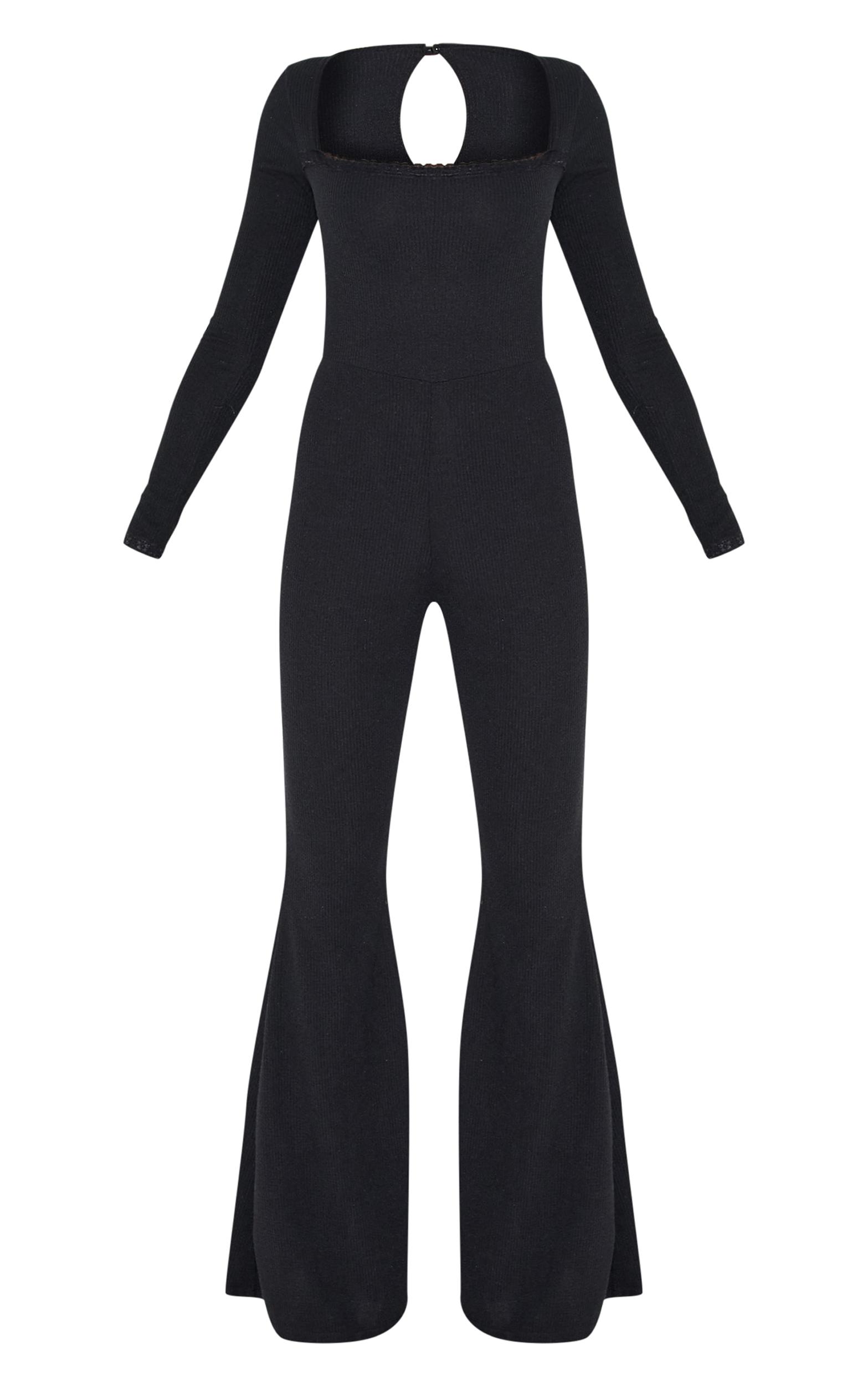 Black Ribbed Lace Trim Long Sleeve Flared Leg Jumpsuit Product Image