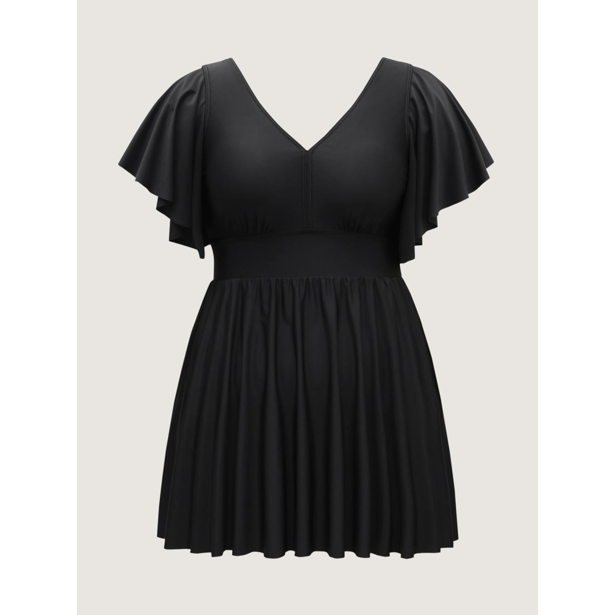 Plus Size Ruffled Sleeve Fit and Flare Swim Dress Women's Swimwear Black Resort Bodycon V-neck High stretch Curve Swim Dresses BloomChic 12/L Product Image