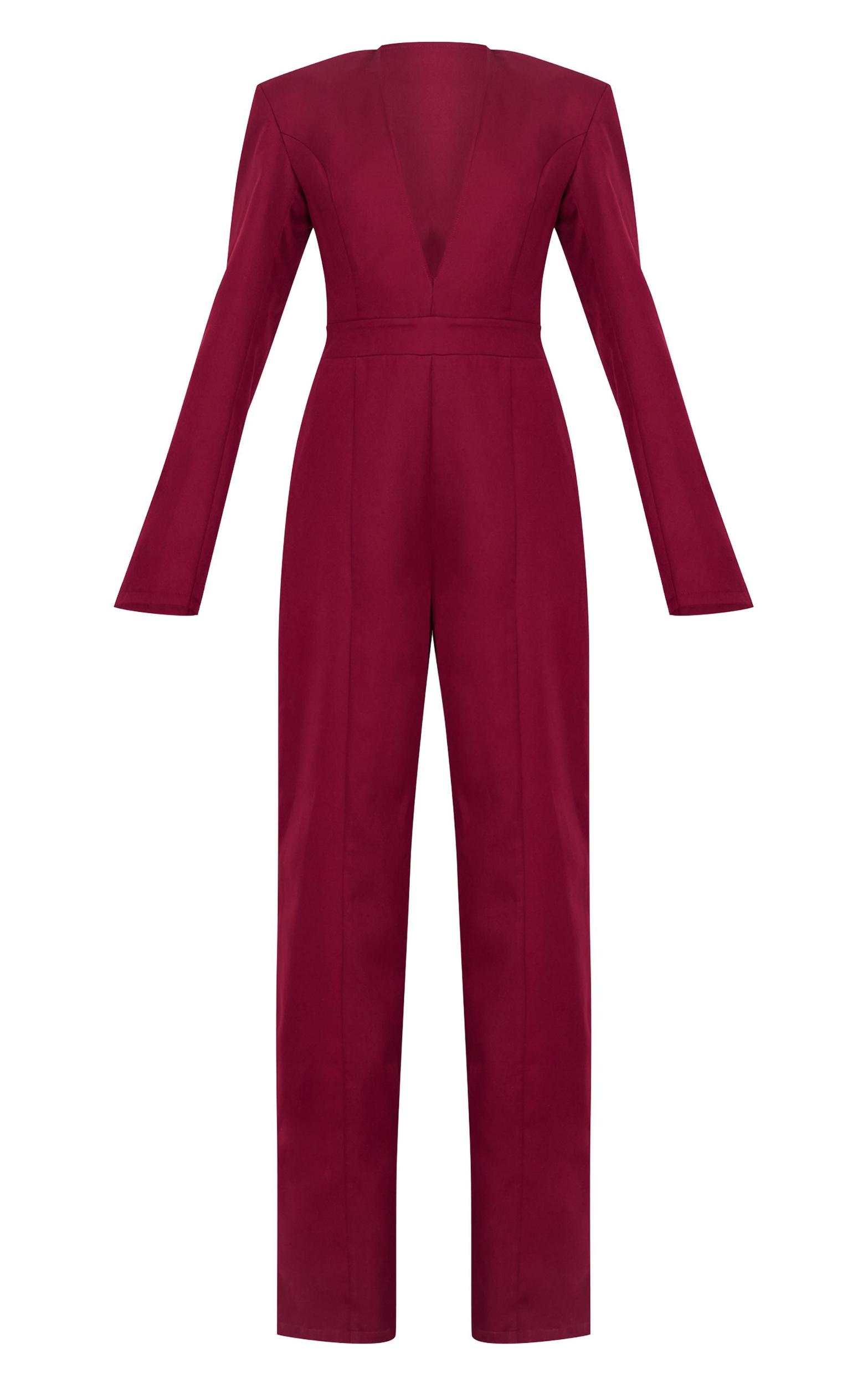 Burgundy Woven Plunge Long Sleeve Straight Leg Jumpsuit Product Image