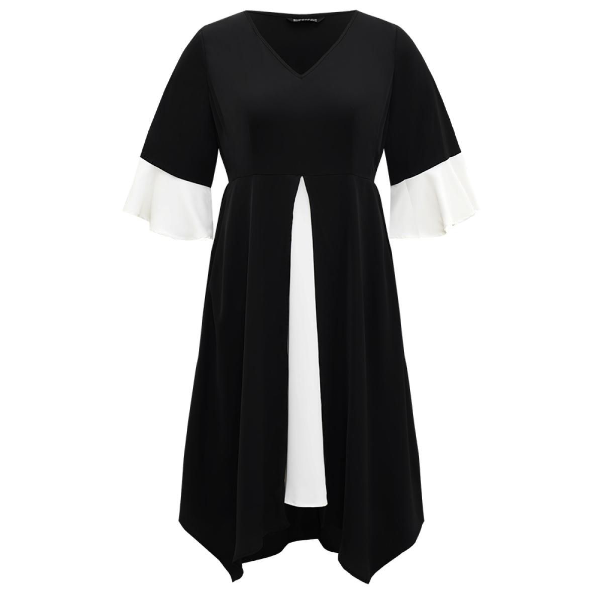 Plus Size Contrast Ruffle Sleeve Hanky Hem Dress Black Women Elegant Patchwork V-neck Elbow-length sleeve Curvy Midi Dress BloomChic 22-24/3X Product Image