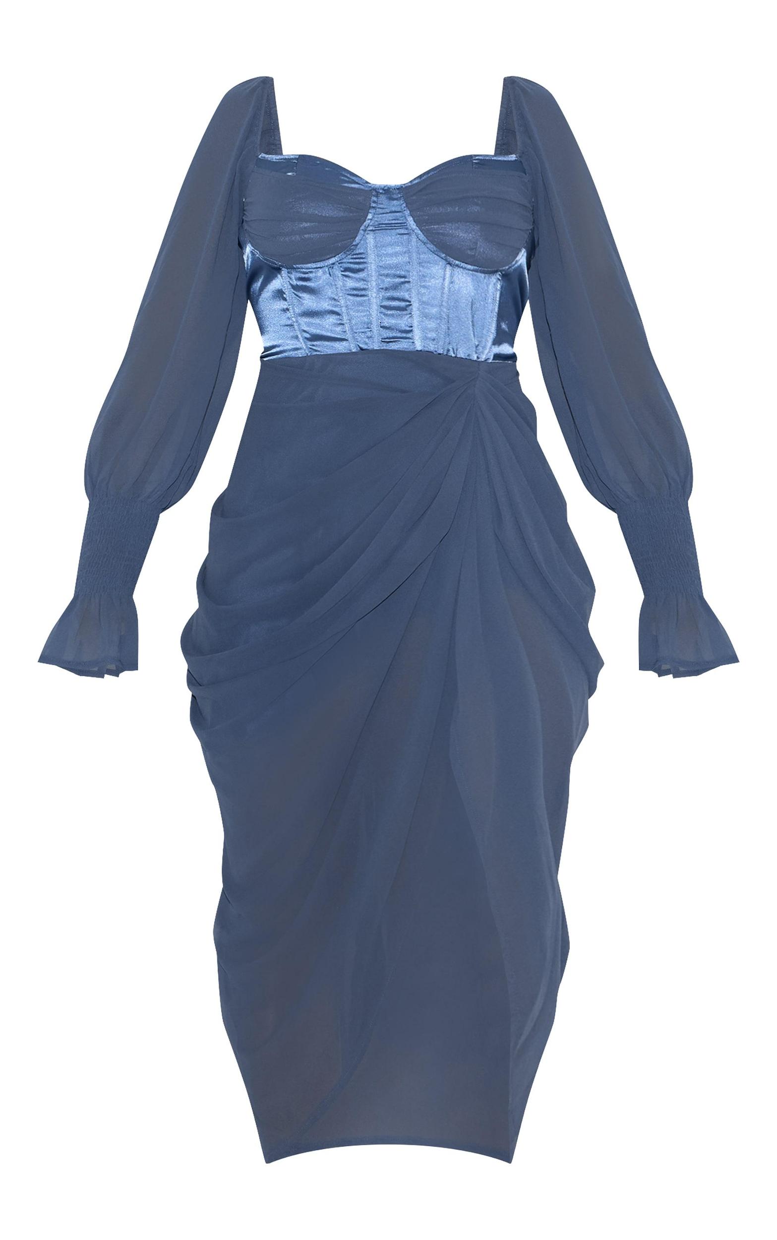 Plus Mineral Blue Satin Insert Draped Chiffon Midi Dress Product Image