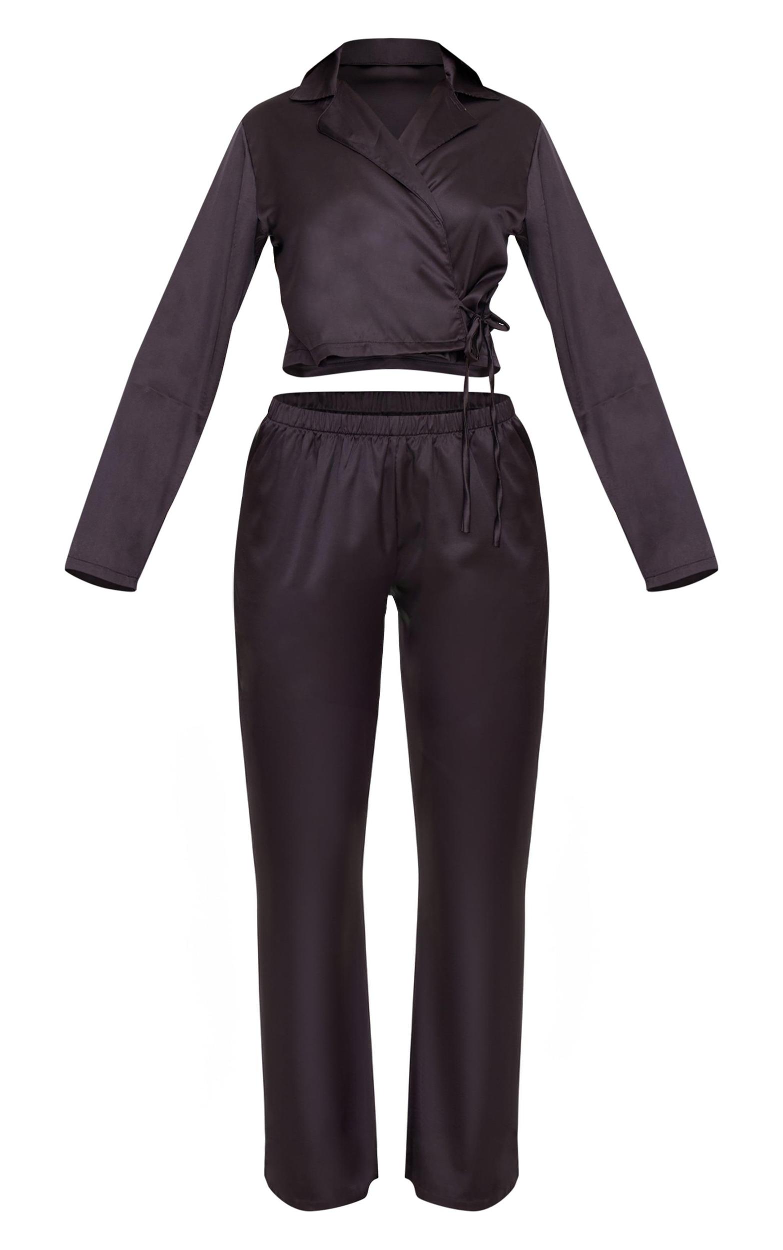 Black Satin Cropped Wrap Long Pj Set Product Image